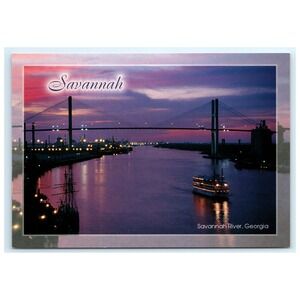 Postcard Savannah River Bridge Georgia Sunset Riverboat Scenic View